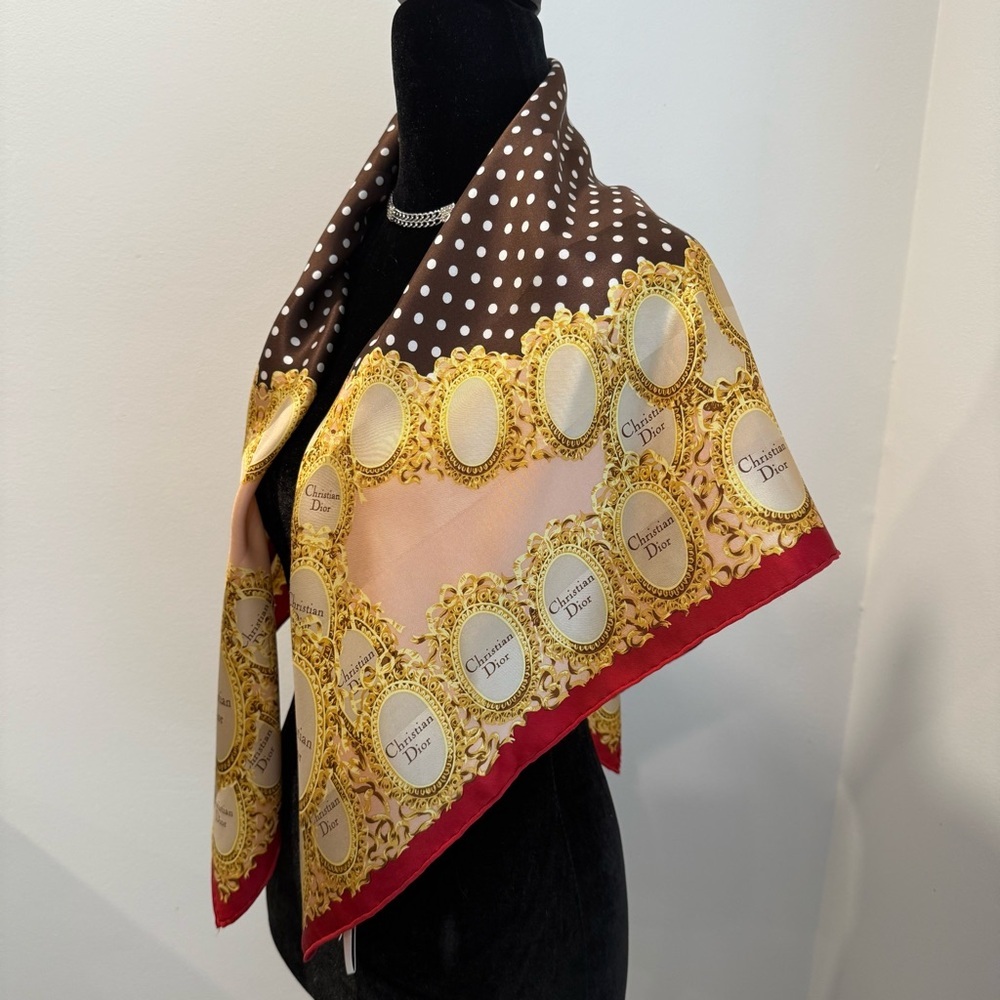 Authentic Christian Dior Brown and Gold Scarf with Red Trim